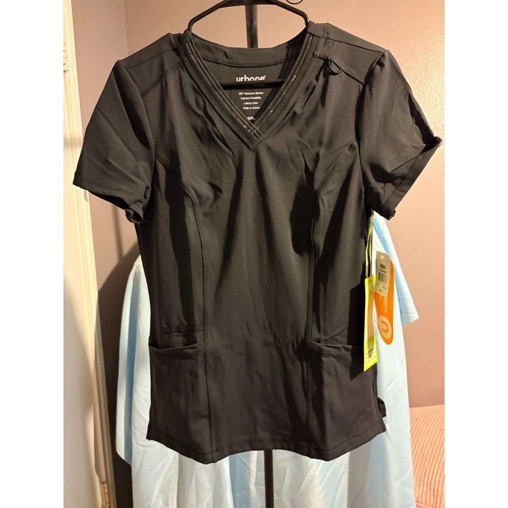 Urbane Women's Black‎ Scrub Shirt with Pockets, V Neck Sz S